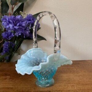 Fenton Hobnail Blue Opalescent Ruffled Basket Clear Twisted Handle Vintage Glass